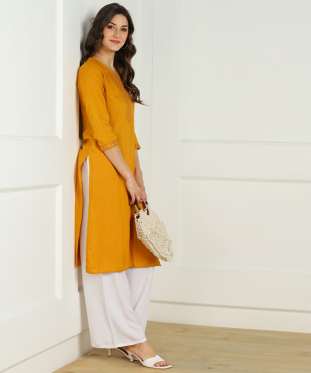 Rayon Straight Mirror Embroidered Kurti (Mustard)