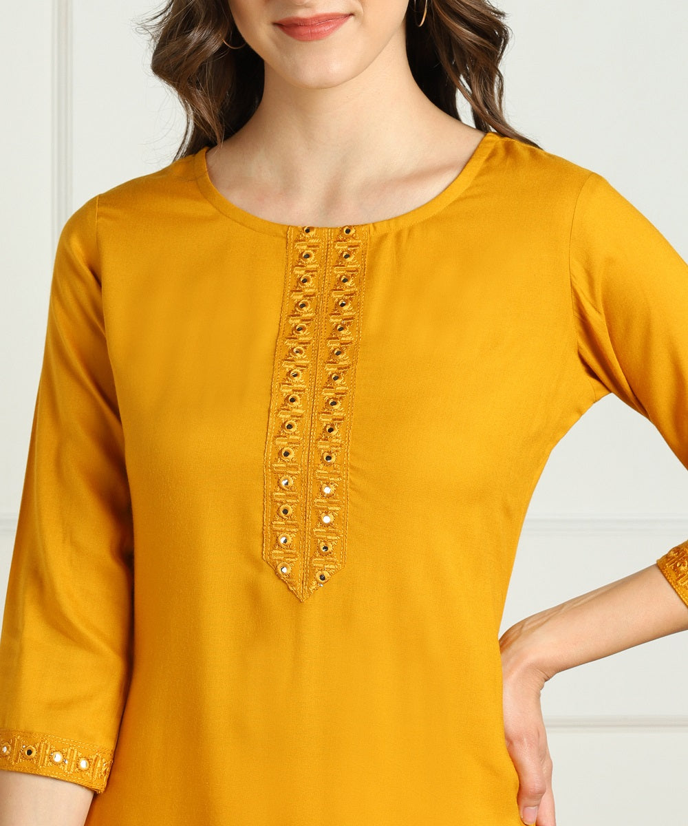 Rayon Straight Mirror Embroidered Kurti (Mustard)