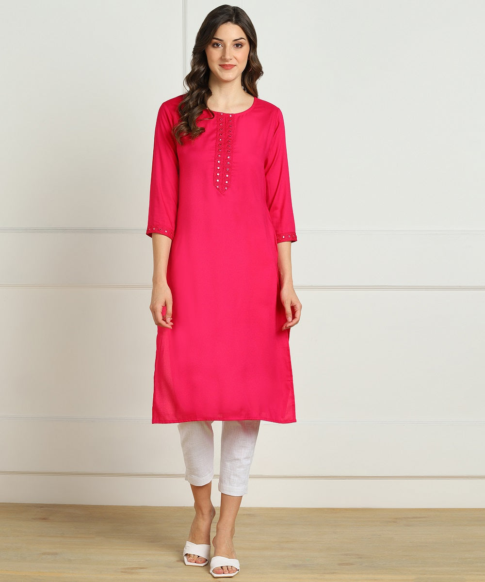 Rayon Straight Mirror Embroidered Kurti (Pink)