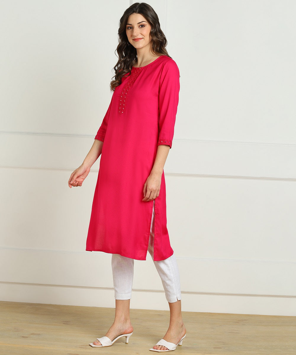 Rayon Straight Mirror Embroidered Kurti (Pink)