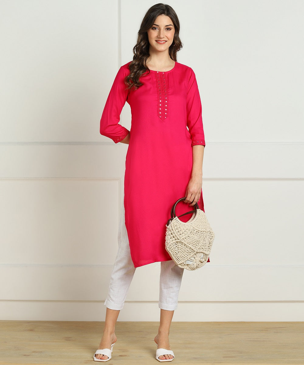 Rayon Straight Mirror Embroidered Kurti (Pink)
