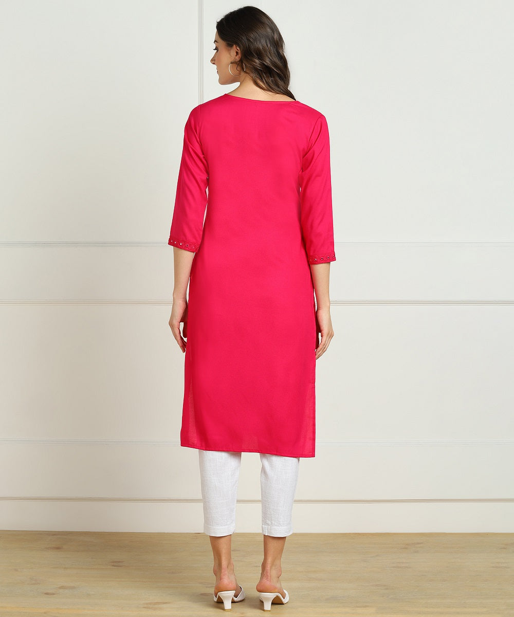 Rayon Straight Mirror Embroidered Kurti (Pink)