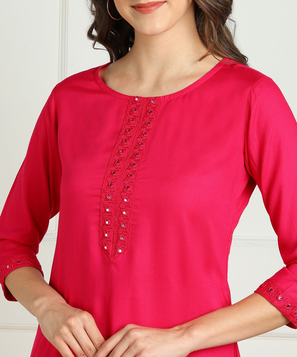 Rayon Straight Mirror Embroidered Kurti (Pink)