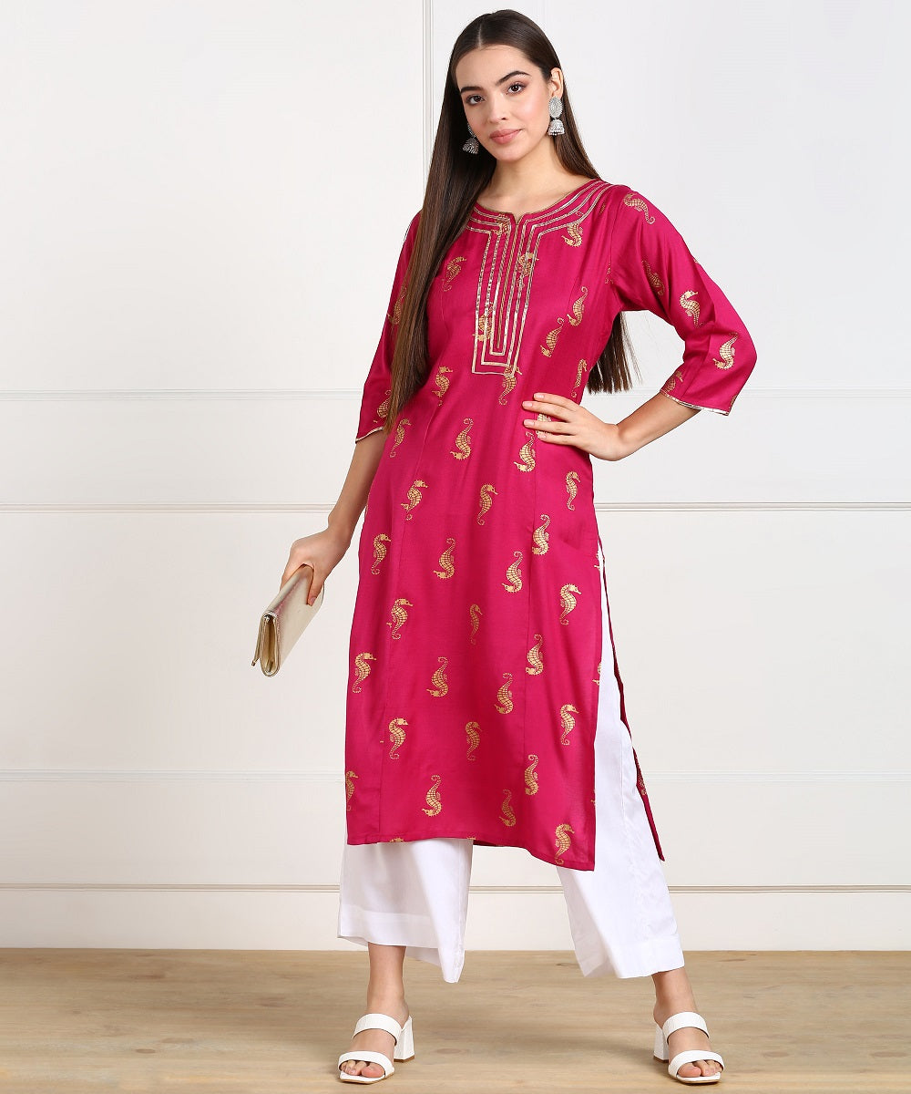 Rayon SeaHorse Print Gota embellished Straight kurta - Pink