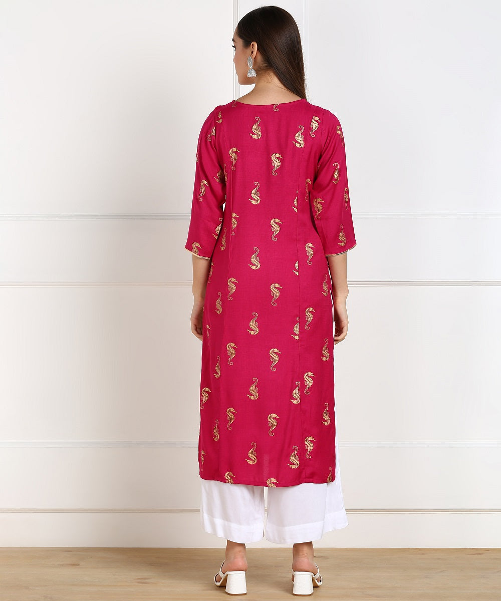 Rayon SeaHorse Print Gota embellished Straight kurta - Pink