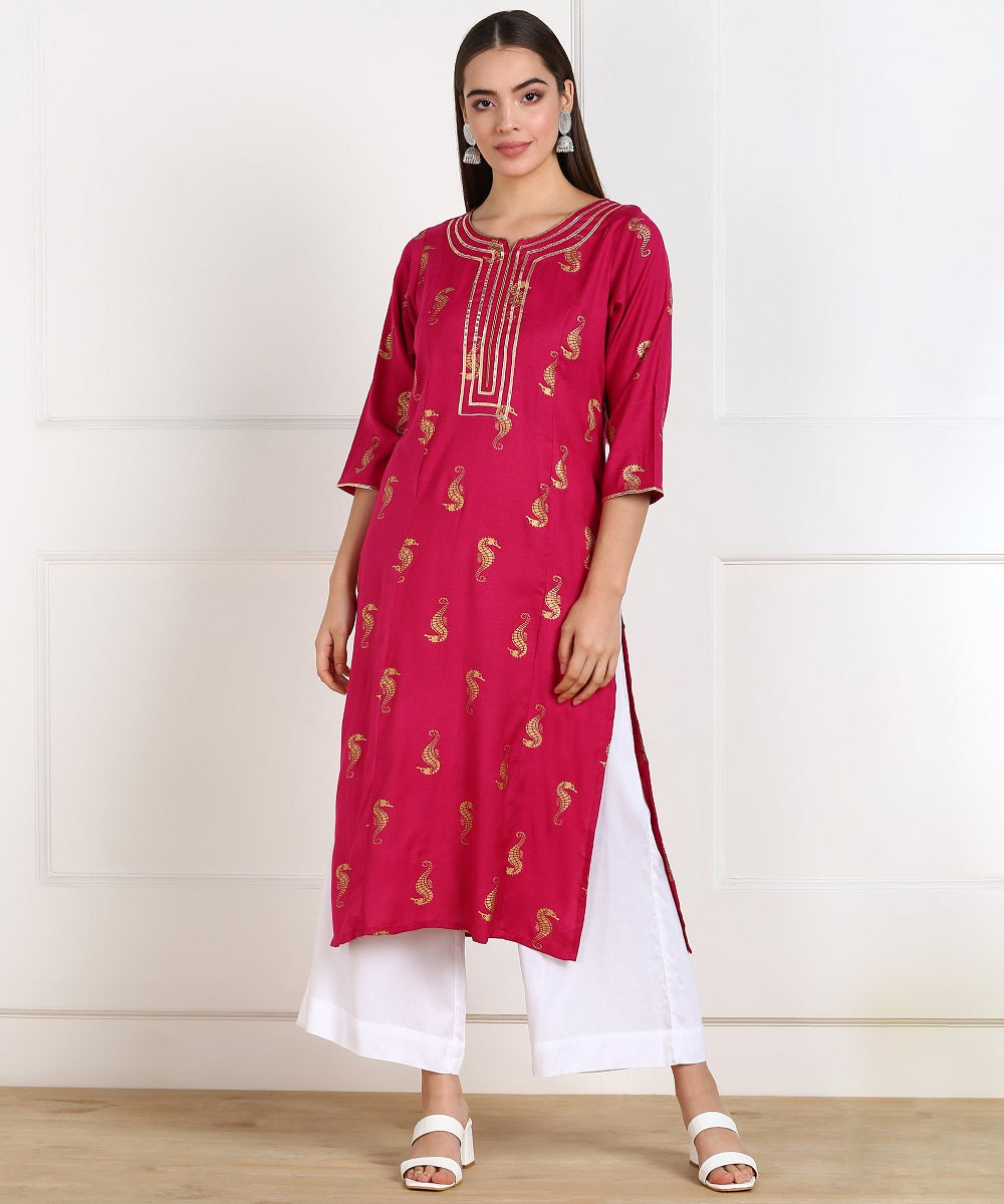 Rayon SeaHorse Print Gota embellished Straight kurta - Pink