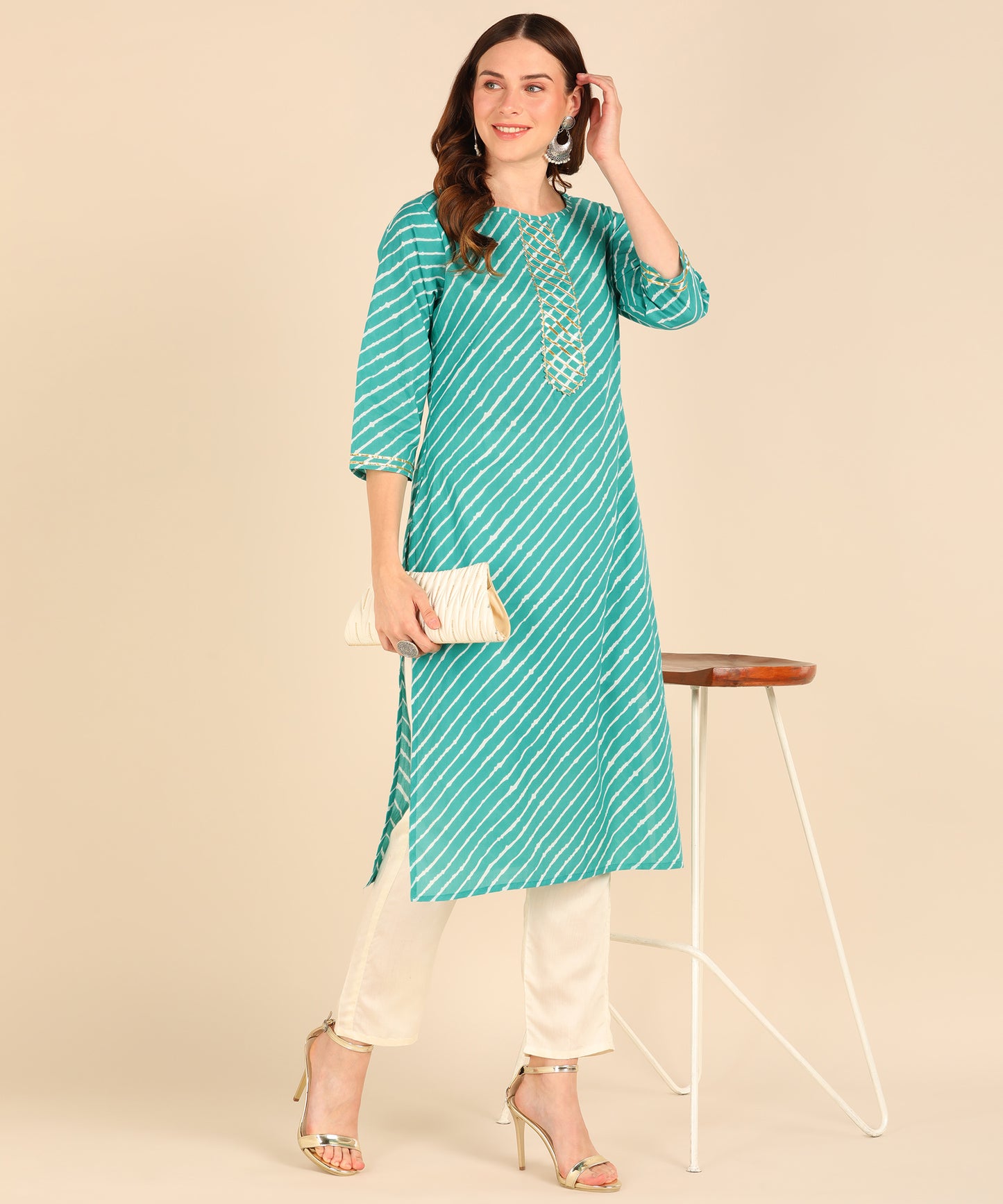 Pure Cotton Lehariya Print Straight Kurta - Turquoise
