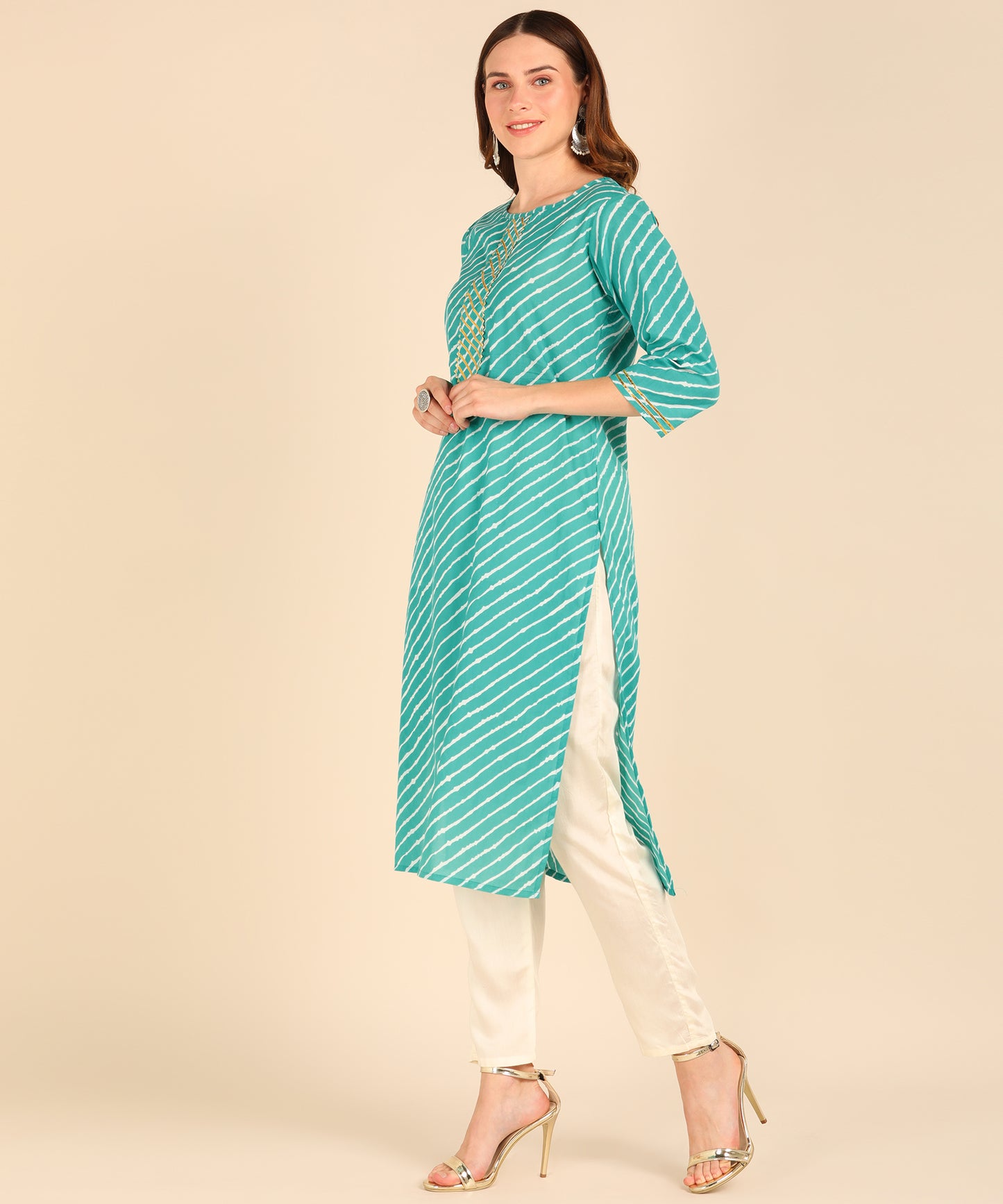Pure Cotton Lehariya Print Straight Kurta - Turquoise