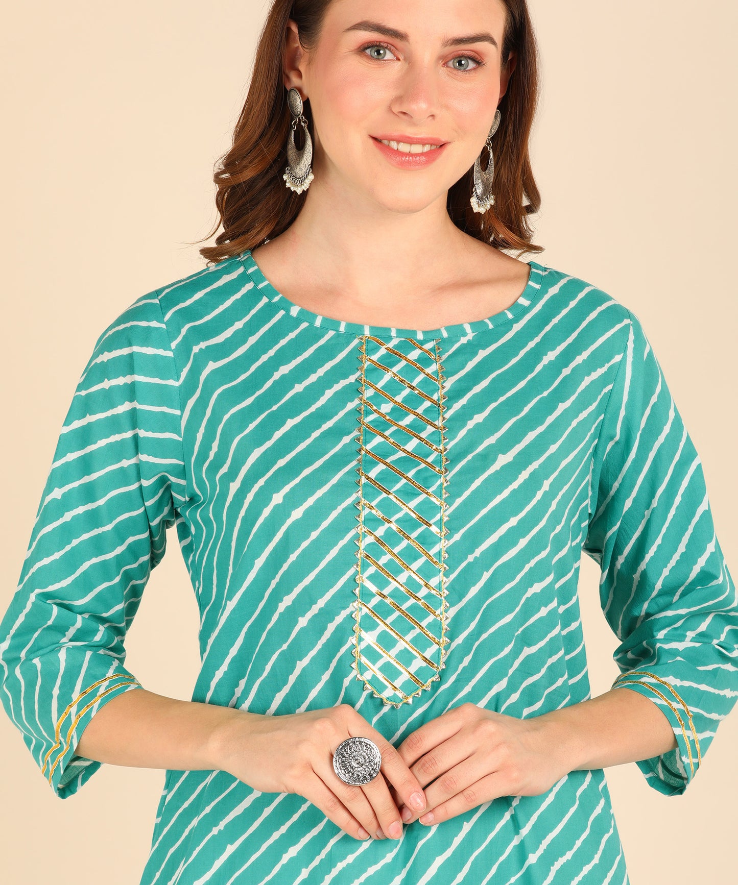 Pure Cotton Lehariya Print Straight Kurta - Turquoise