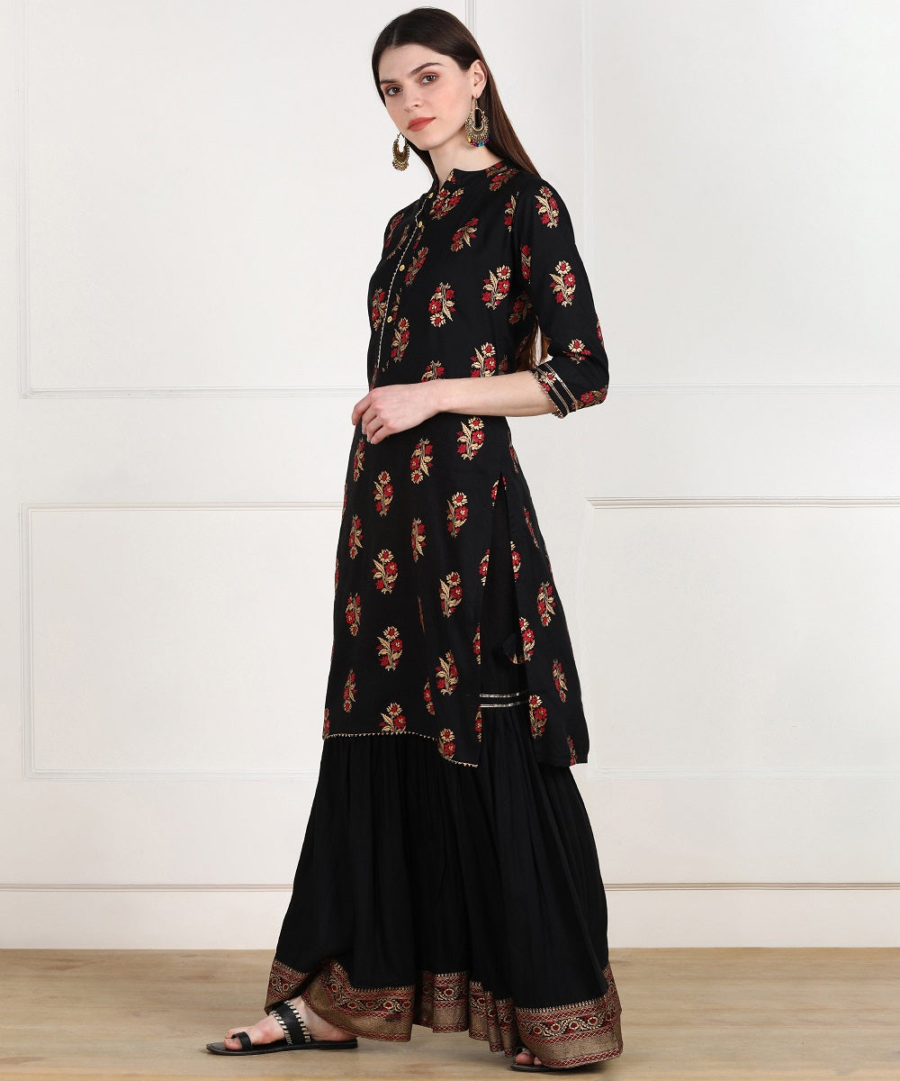 Rayon Floral Gold Print Kurta with Sharara Set - Black