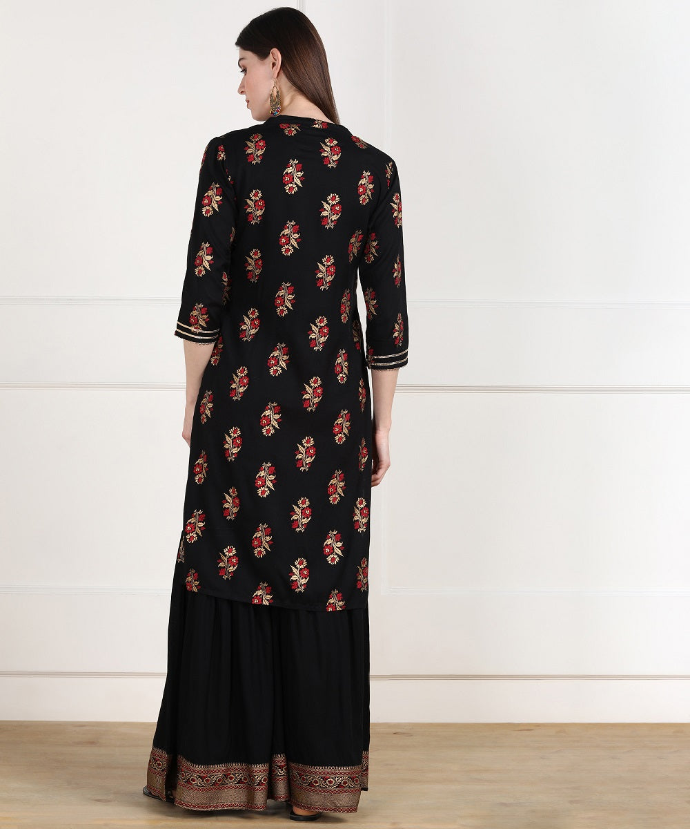 Rayon Floral Gold Print Kurta with Sharara Set - Black