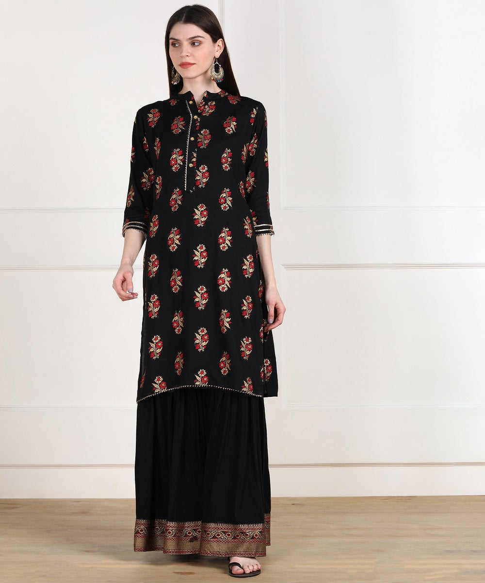 Rayon Floral Gold Print Kurta with Sharara Set - Black