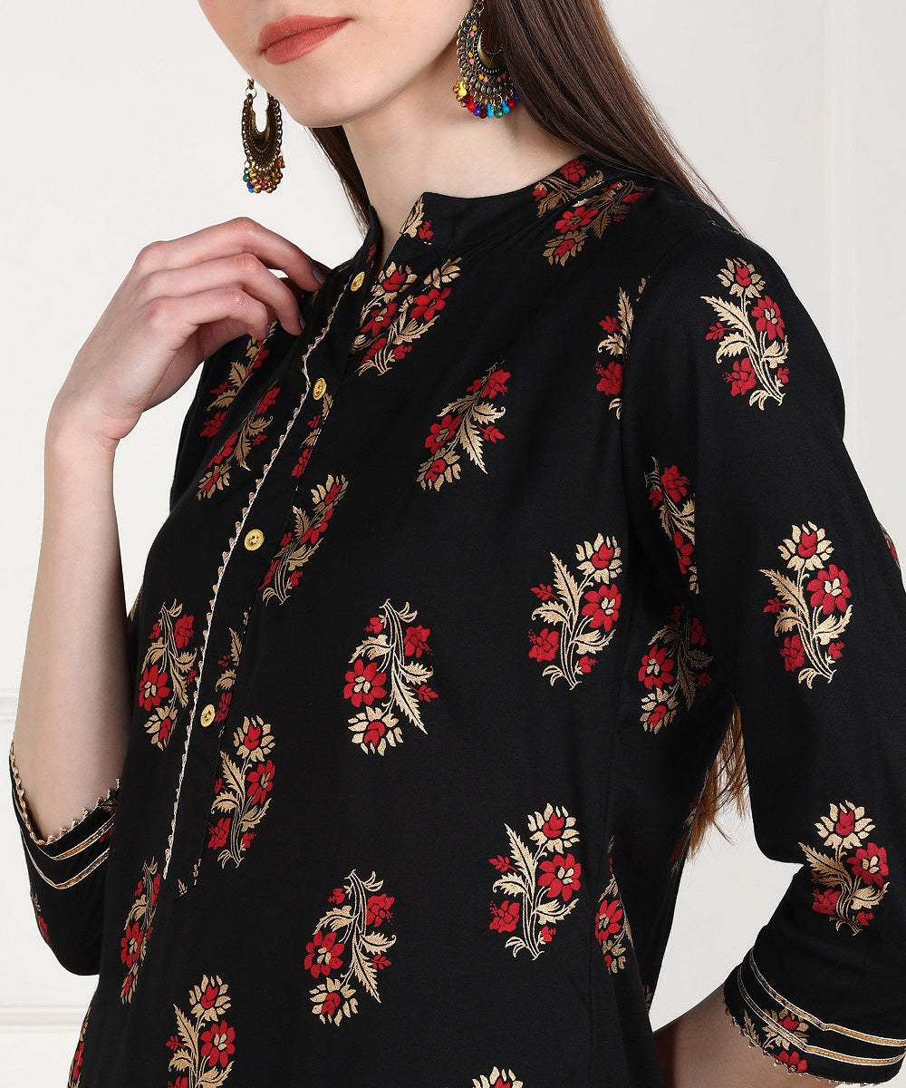 Rayon Floral Gold Print Kurta with Sharara Set - Black