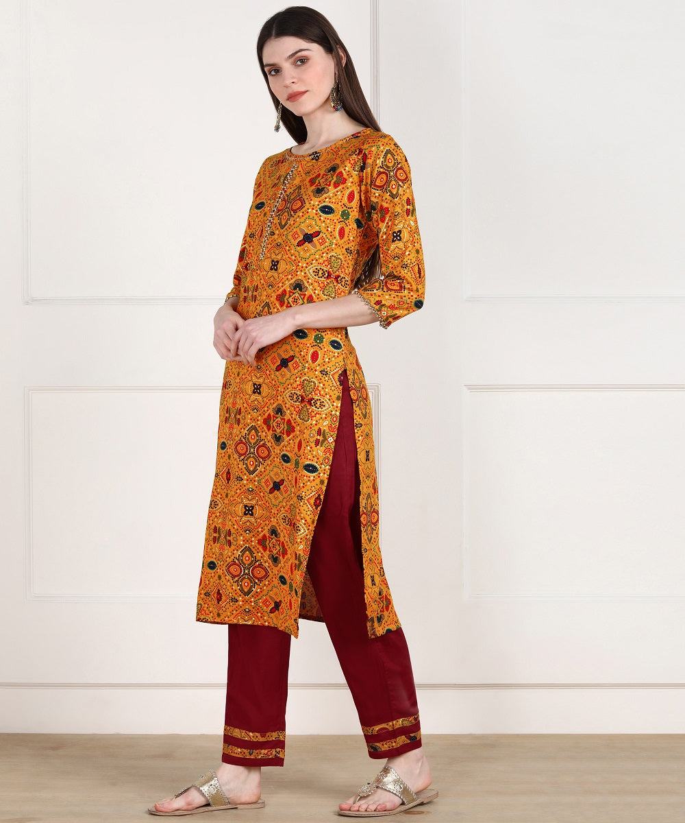Rayon Bandhani Print Kurta Pant Set - Mustard