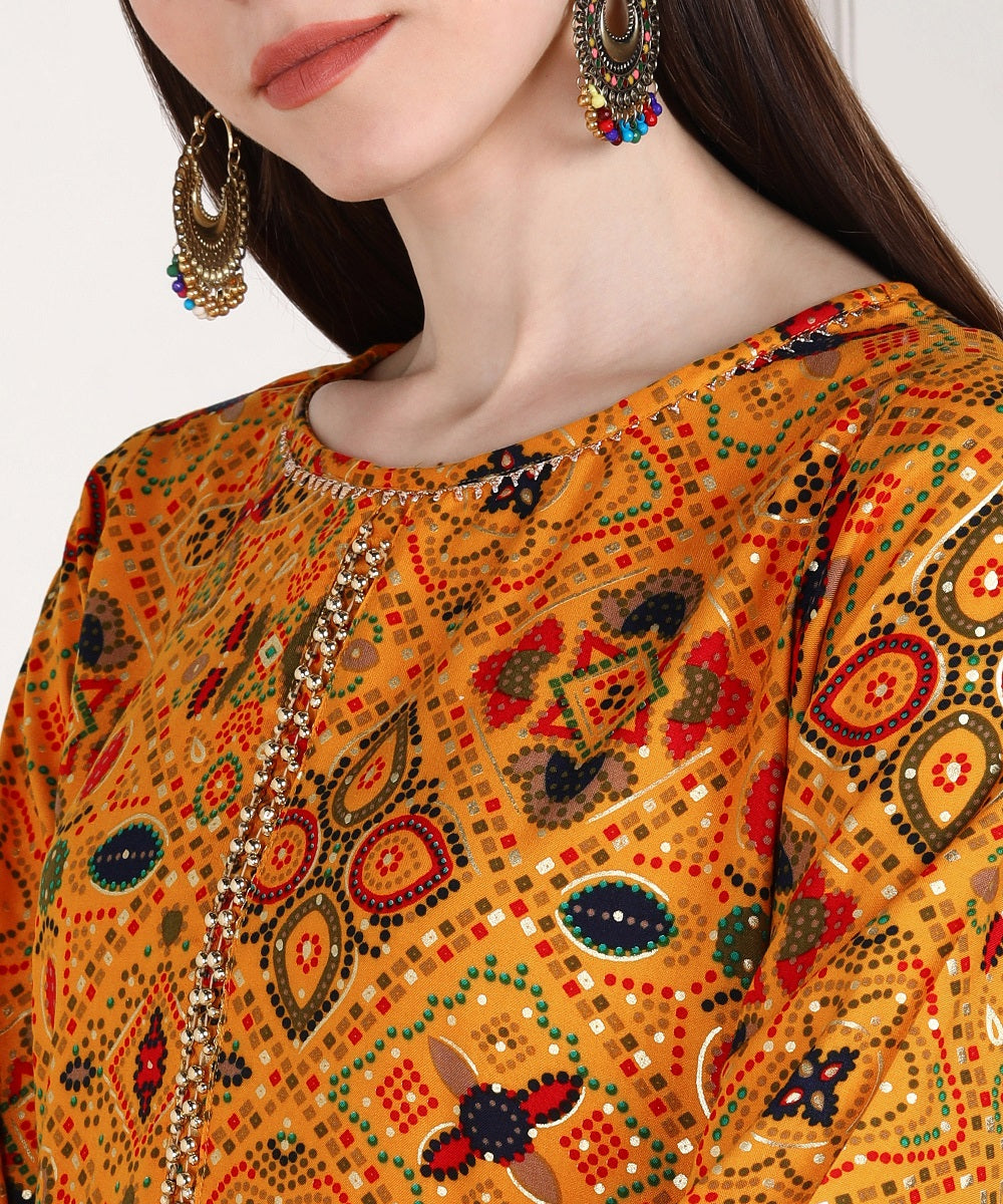 Rayon Bandhani Print Kurta Pant Set - Mustard