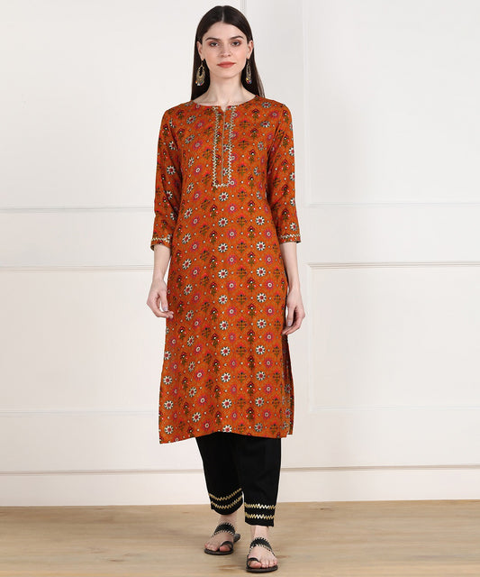 Rayon Ethnic Foil Print Embellished Kurta and Pant Set - Mustard