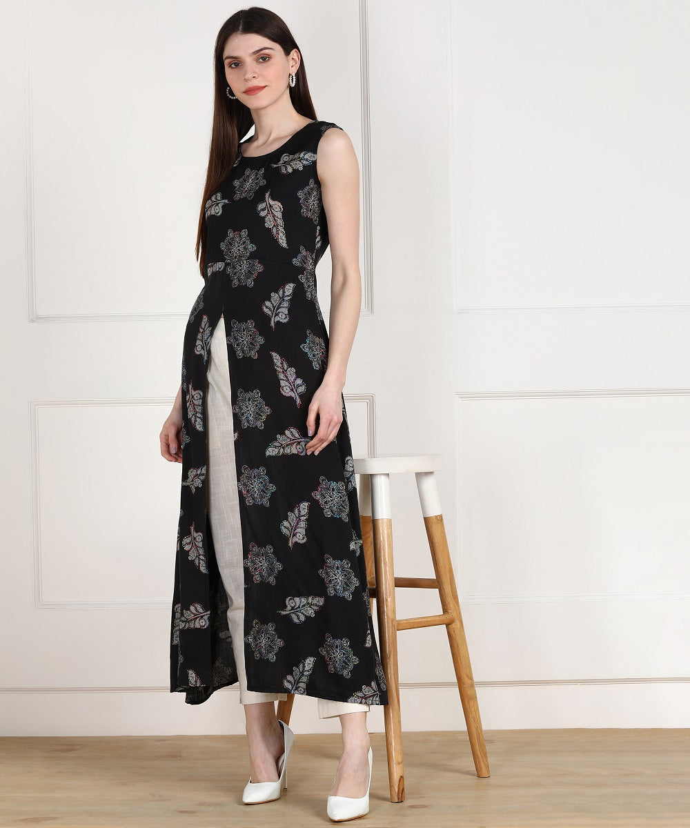Rayon Leaf Print High Slit Cape Kurta - Black