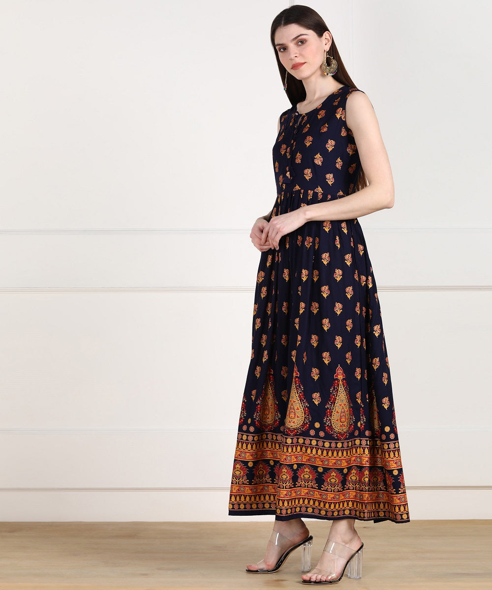 Rayon Ethnic Printed Pleted Sleeveless Kurta Dress - Dark Blue