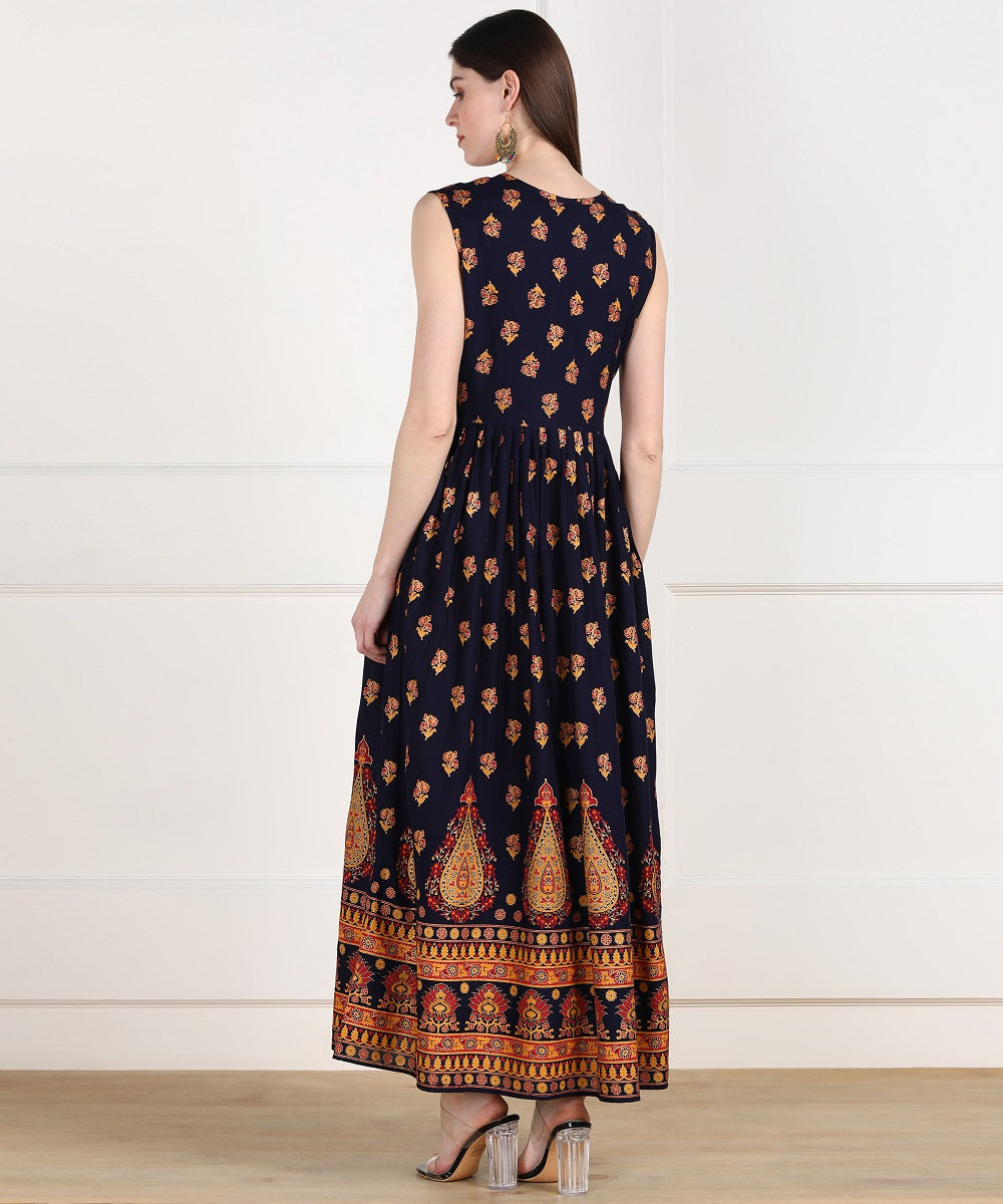 Rayon Ethnic Printed Pleted Sleeveless Kurta Dress - Dark Blue