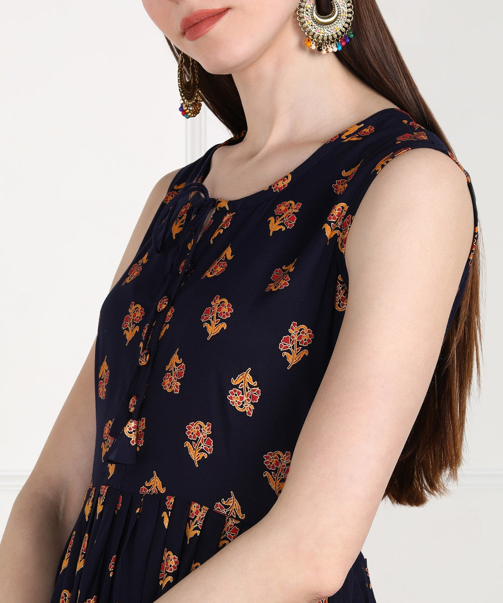 Rayon Ethnic Printed Pleted Sleeveless Kurta Dress - Dark Blue