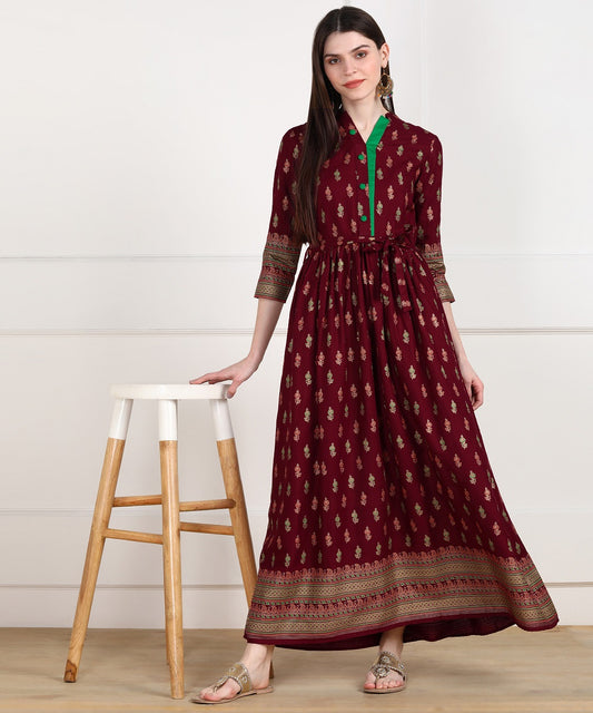 Rayon Printed Floor Length Ethnic Dress - Maroon