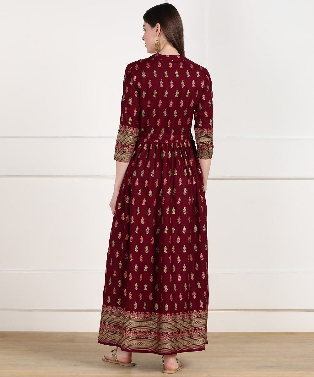 Rayon Printed Floor Length Ethnic Dress - Maroon