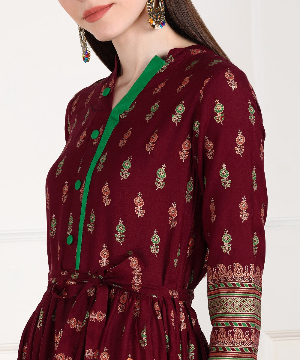 Rayon Printed Floor Length Ethnic Dress - Maroon
