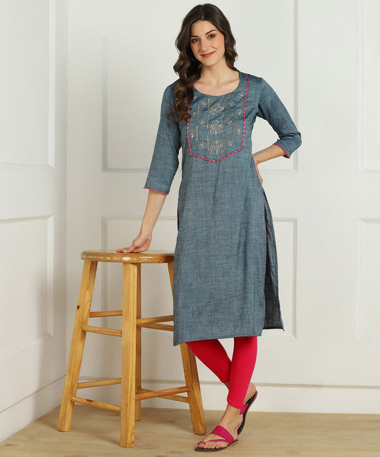 Rayon Slub Aari Embroidered Straight kurta - Blue