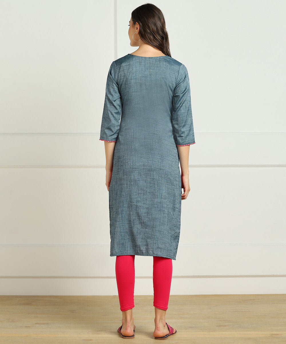 Rayon Slub Aari Embroidered Straight kurta - Blue