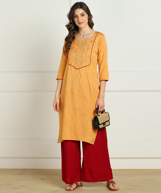 Rayon Slub Aari Embroidered Straight kurta - Mustard