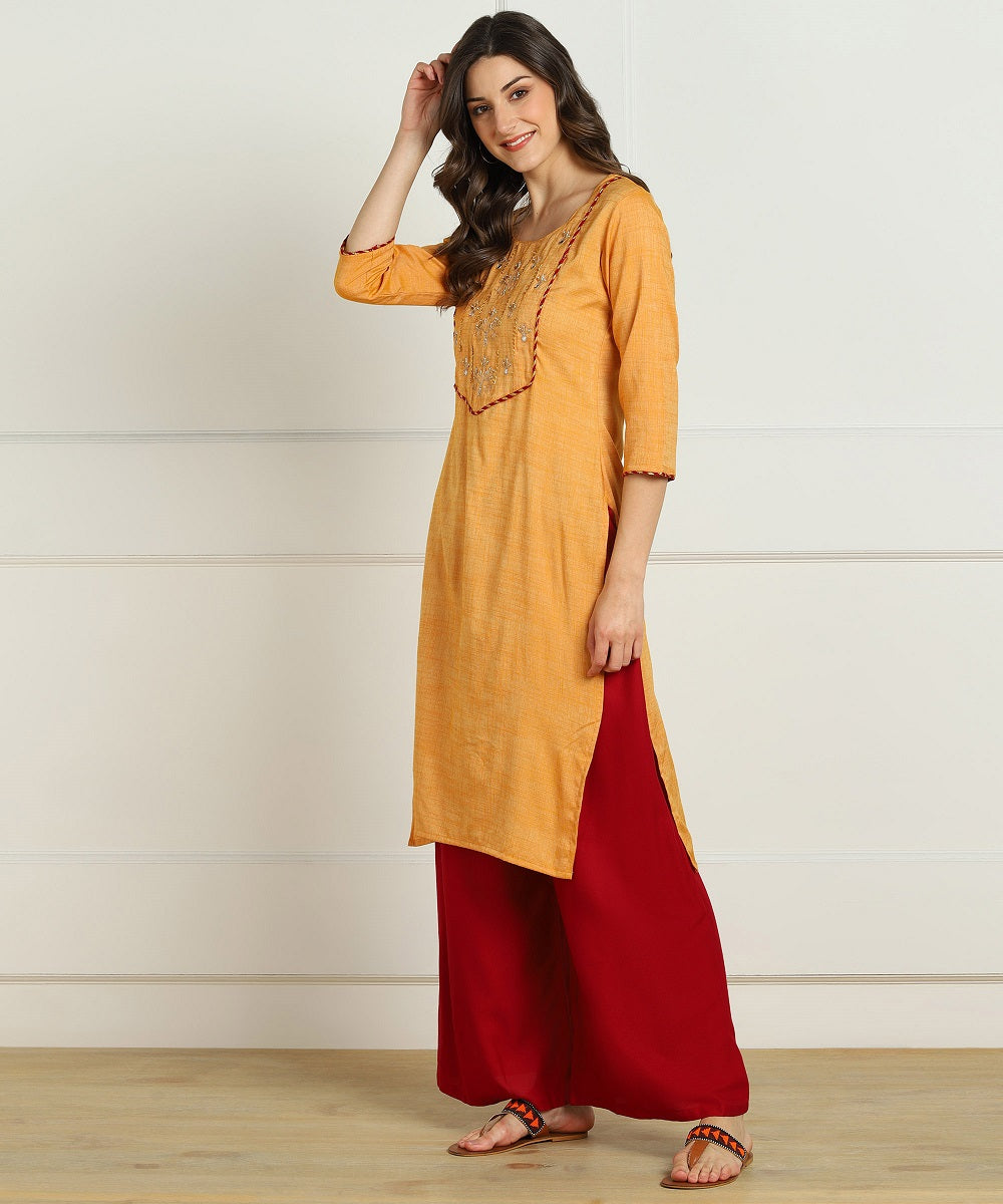 Rayon Slub Aari Embroidered Straight kurta - Mustard
