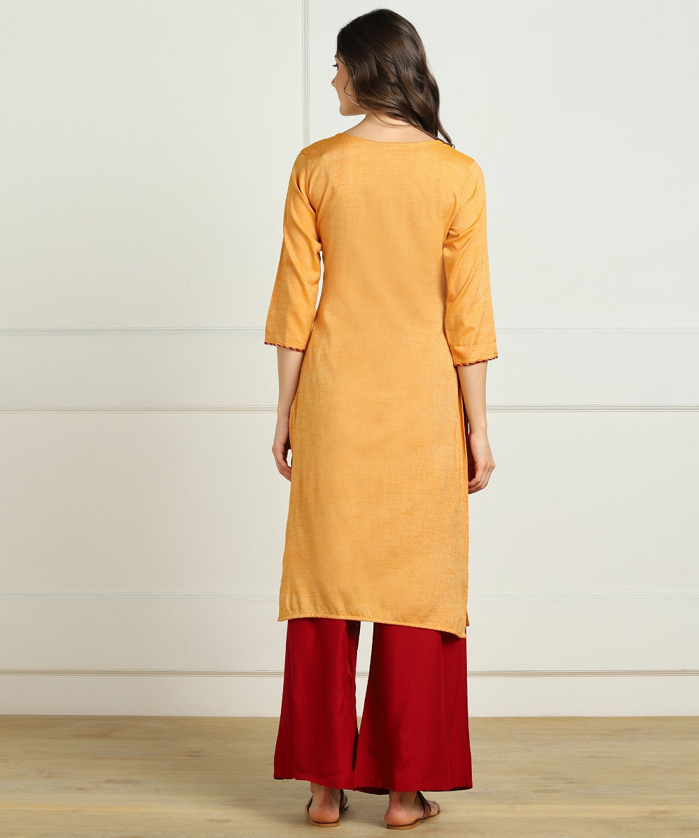 Rayon Slub Aari Embroidered Straight kurta - Mustard