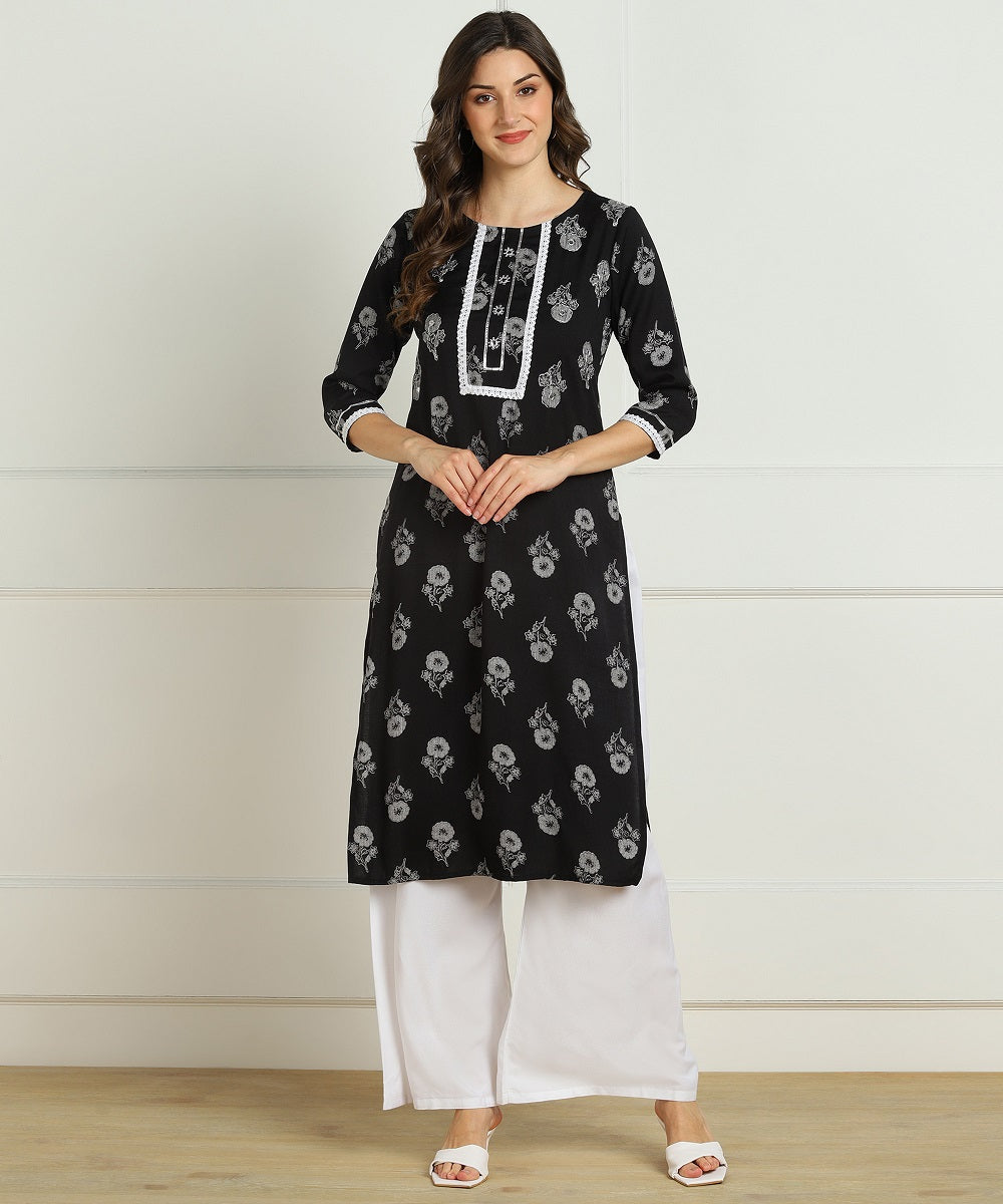 Premium Rayon Floral Print Embellished Straight kurta - Black