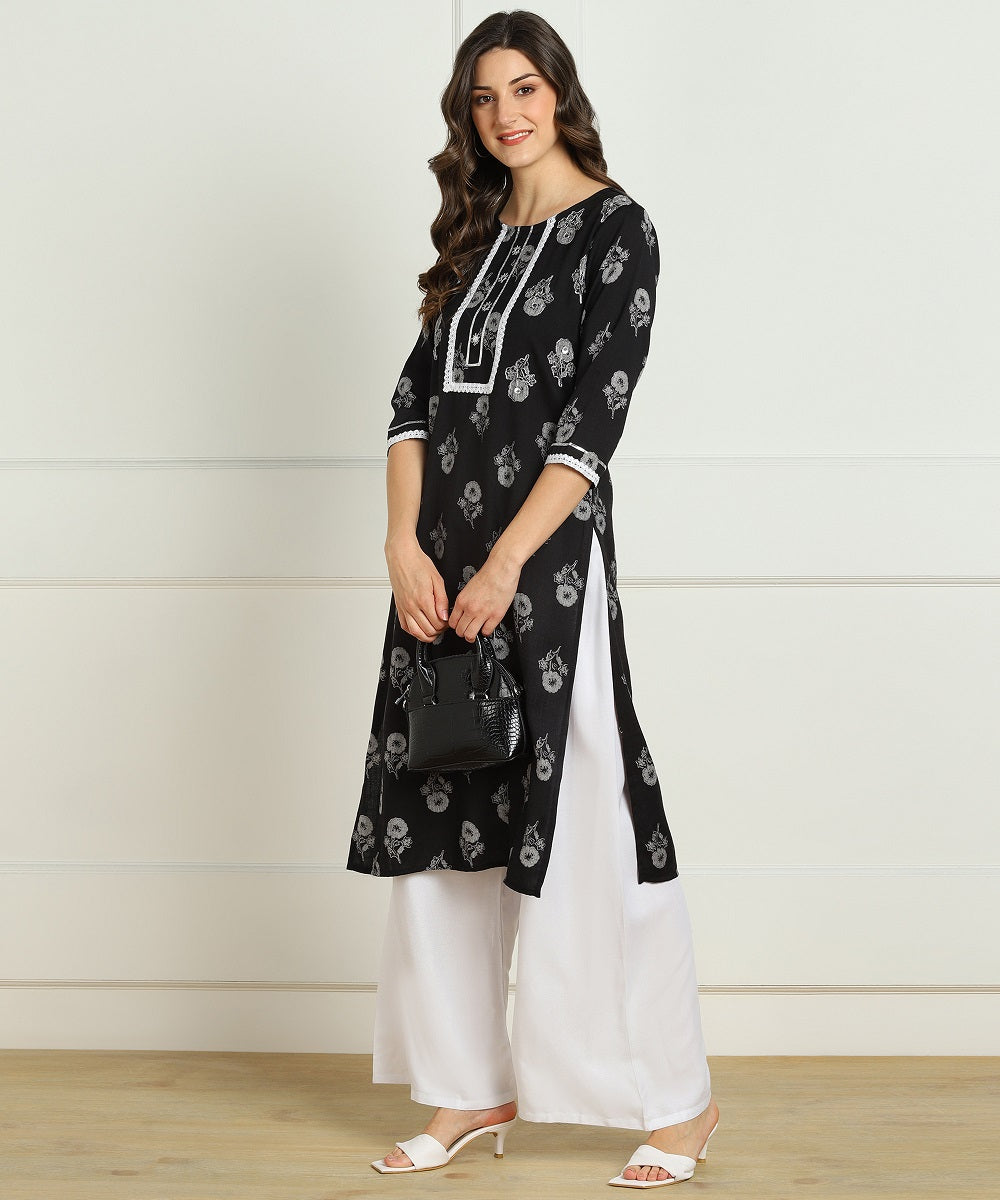 Premium Rayon Floral Print Embellished Straight kurta - Black