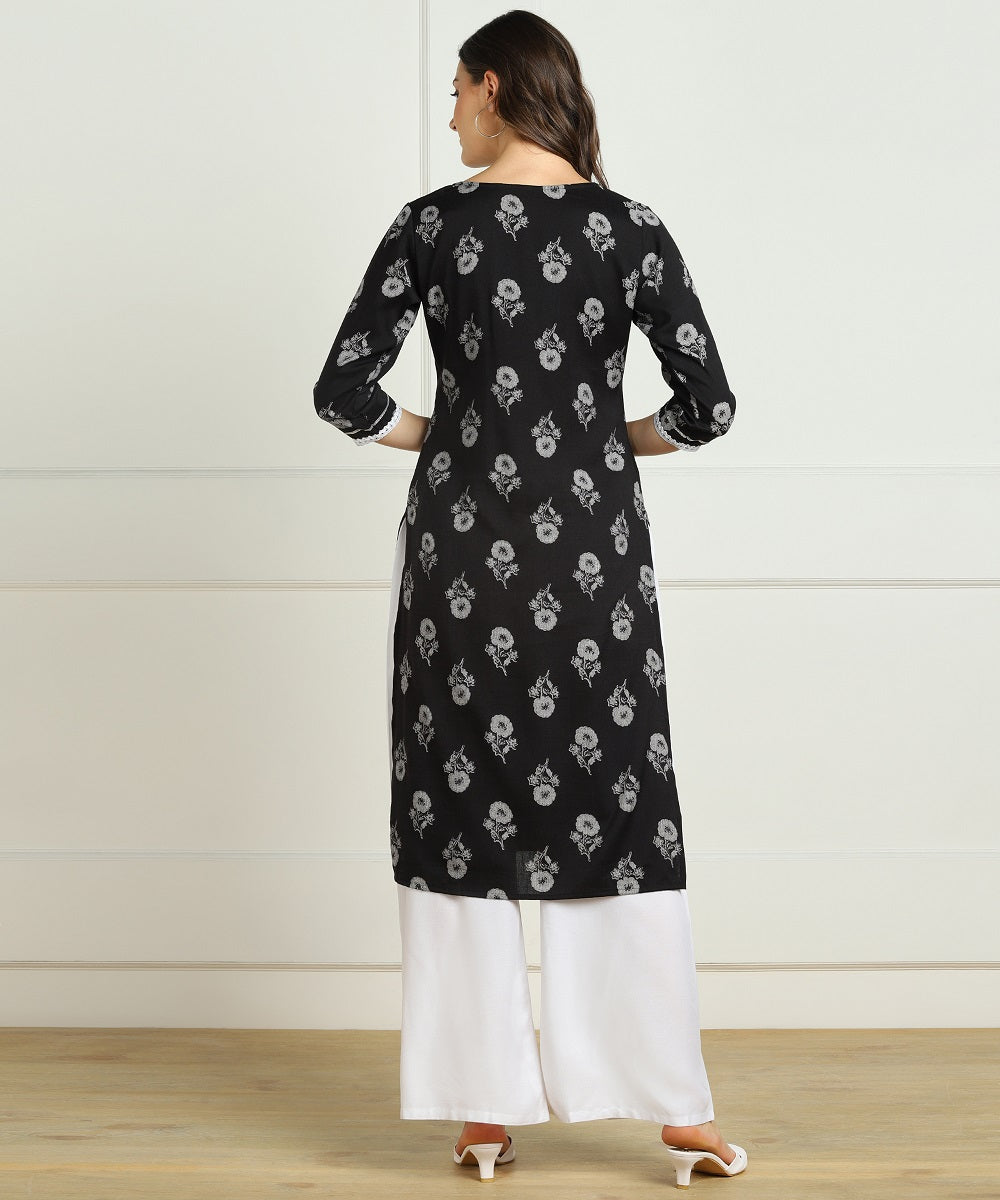 Premium Rayon Floral Print Embellished Straight kurta - Black