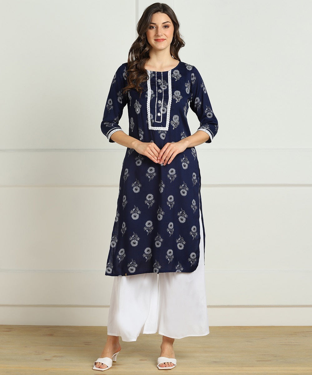 Premium Rayon Floral Print Embellished Straight kurta - Blue