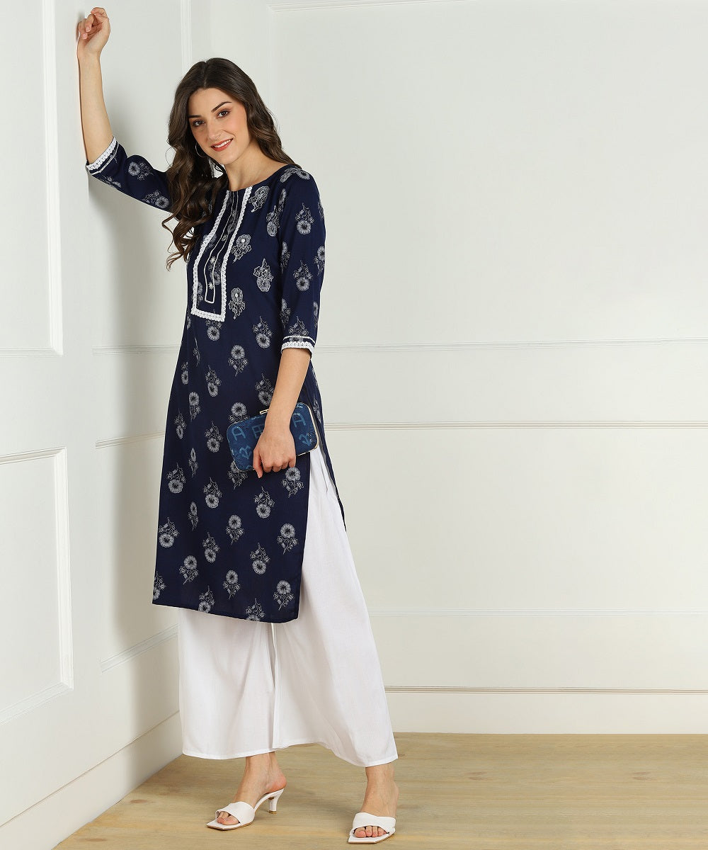 Premium Rayon Floral Print Embellished Straight kurta - Blue