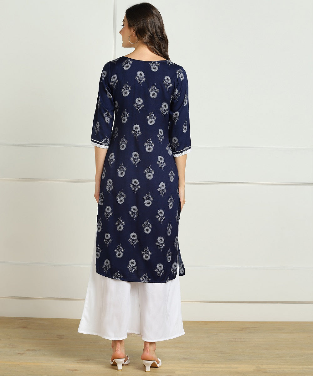 Premium Rayon Floral Print Embellished Straight kurta - Blue