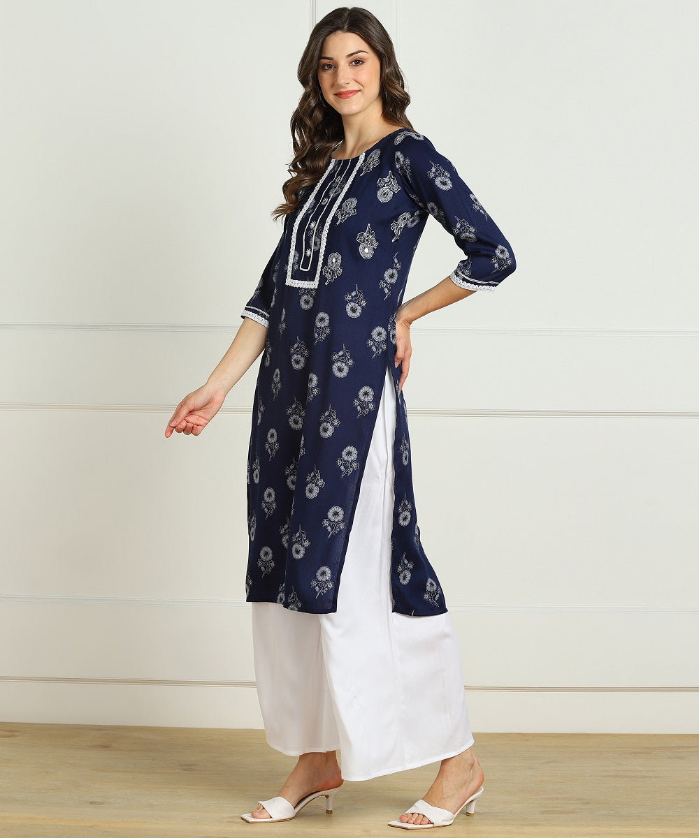 Premium Rayon Floral Print Embellished Straight kurta - Blue