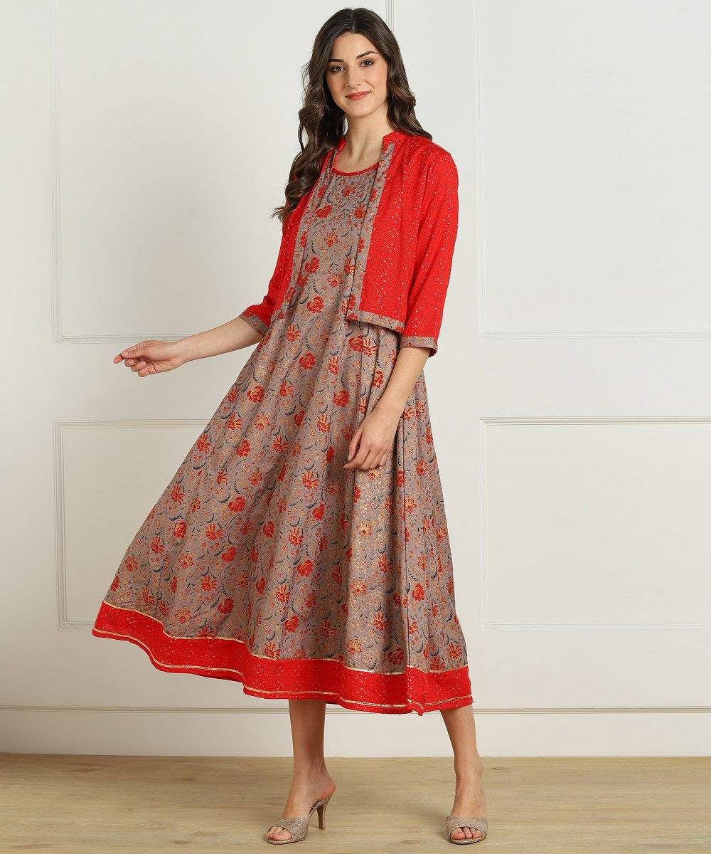 Floral Print Anarkali Kurta with Jacket - Grey/Red