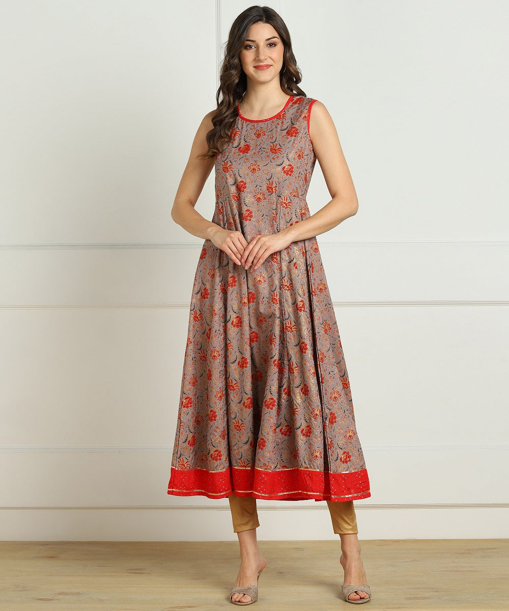 Floral Print Anarkali Kurta with Jacket - Grey/Red