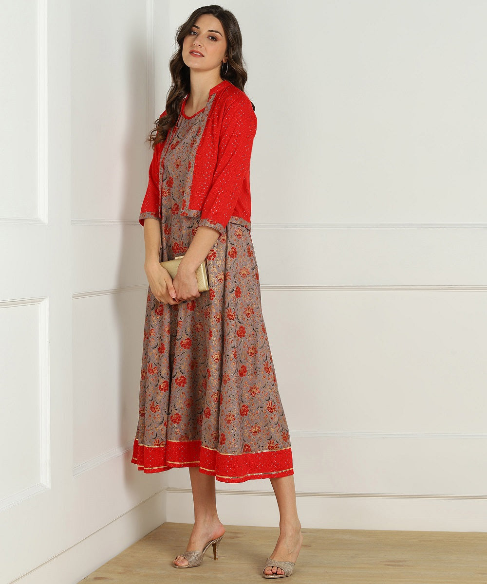 Floral Print Anarkali Kurta with Jacket - Grey/Red