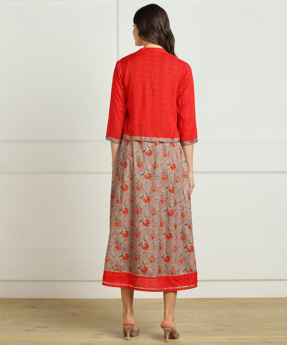 Floral Print Anarkali Kurta with Jacket - Grey/Red