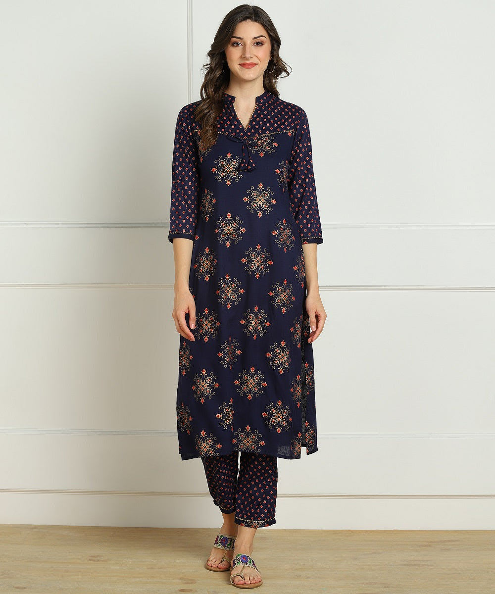 Ryon Slub Gold Print Gota Work Kurta Pant Set - Blue
