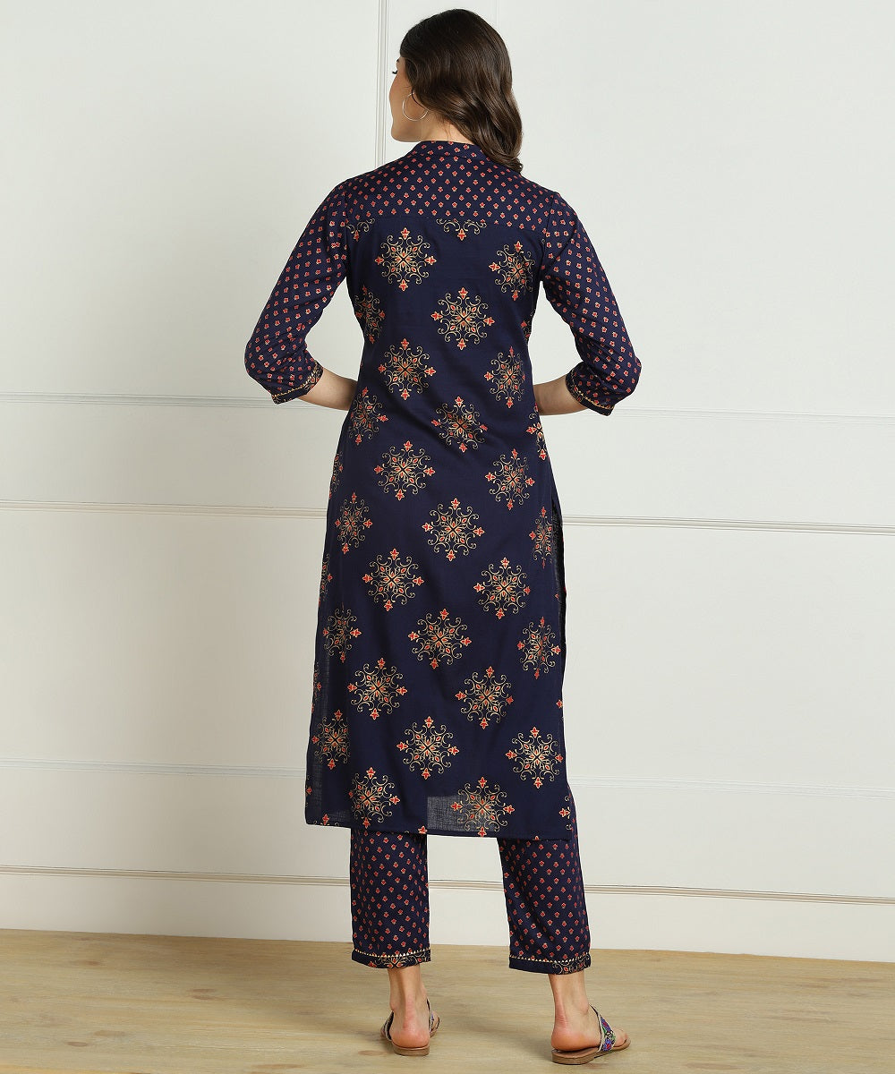 Ryon Slub Gold Print Gota Work Kurta Pant Set - Blue