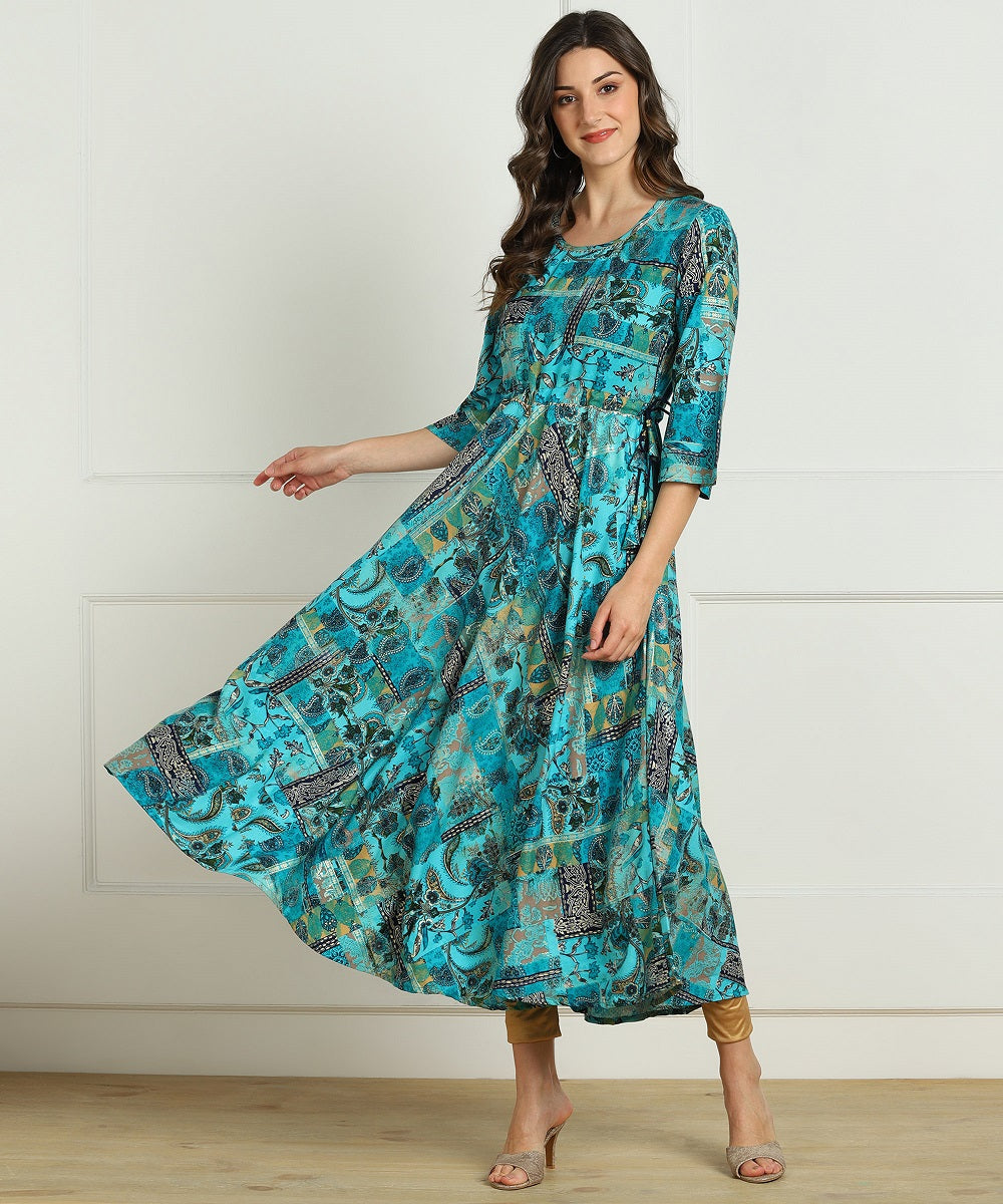 Premium Rayon Multi Ethnic Print Flared Kurta - Blue