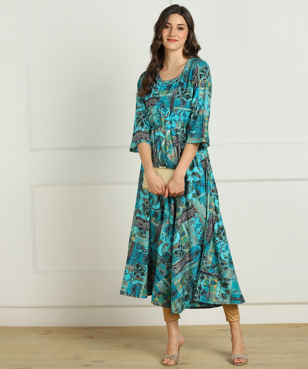 Premium Rayon Multi Ethnic Print Flared Kurta - Blue
