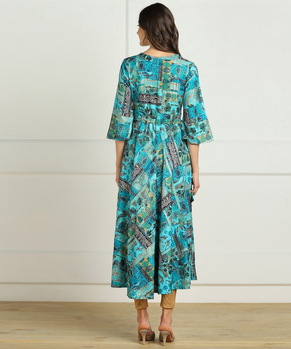 Premium Rayon Multi Ethnic Print Flared Kurta - Blue