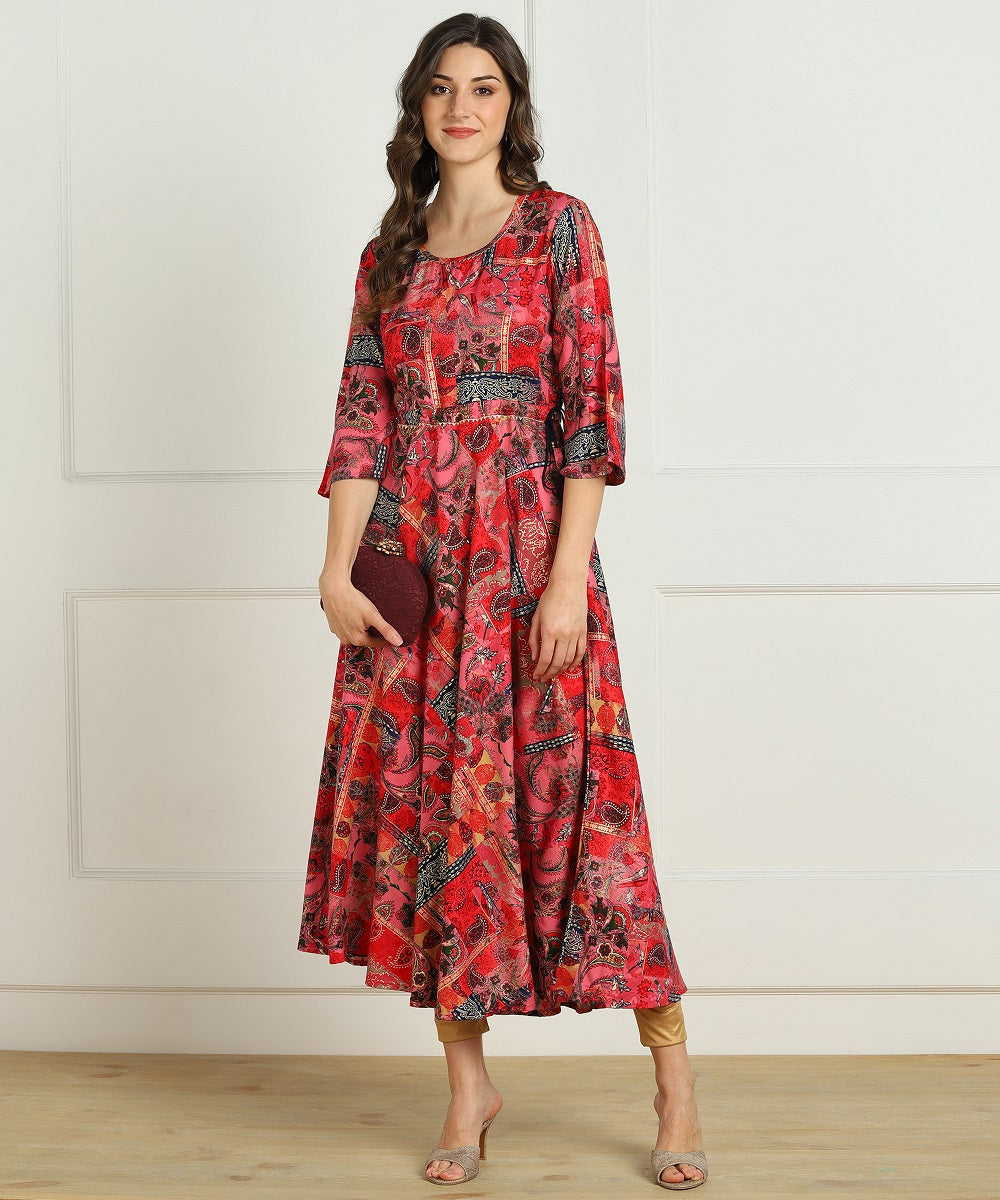 Premium Rayon Multi Ethnic Print Flared Kurta - Red