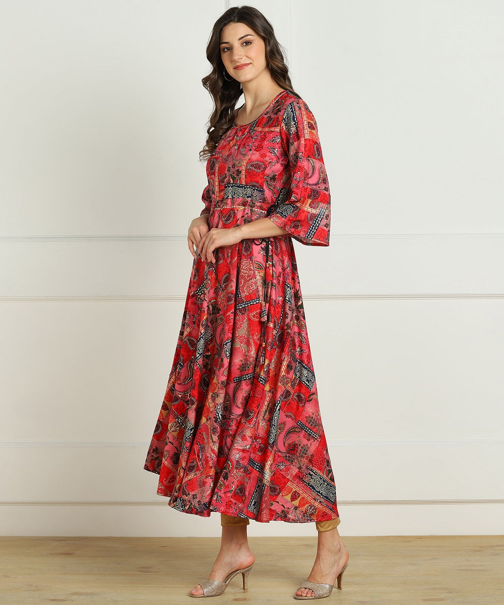 Premium Rayon Multi Ethnic Print Flared Kurta - Red